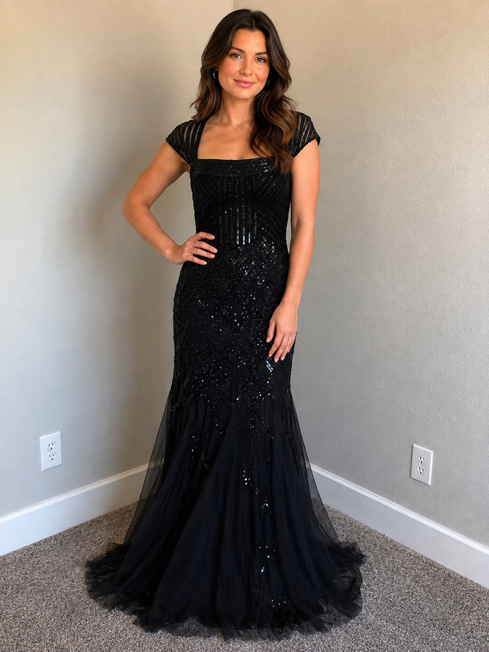 Adrianna Papell Black Beaded Cap-Sleeve Tulle Maxi Gown